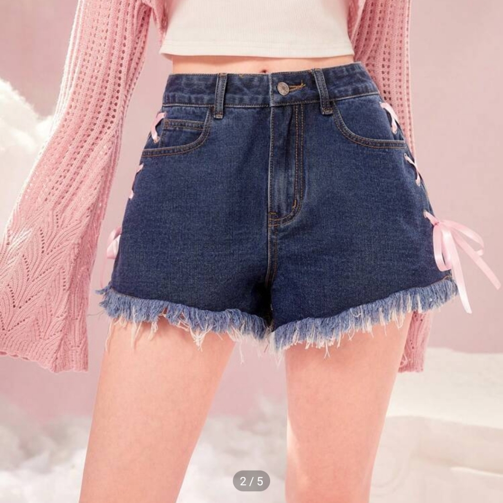 Lace Up Raw Hem Denim Shorts